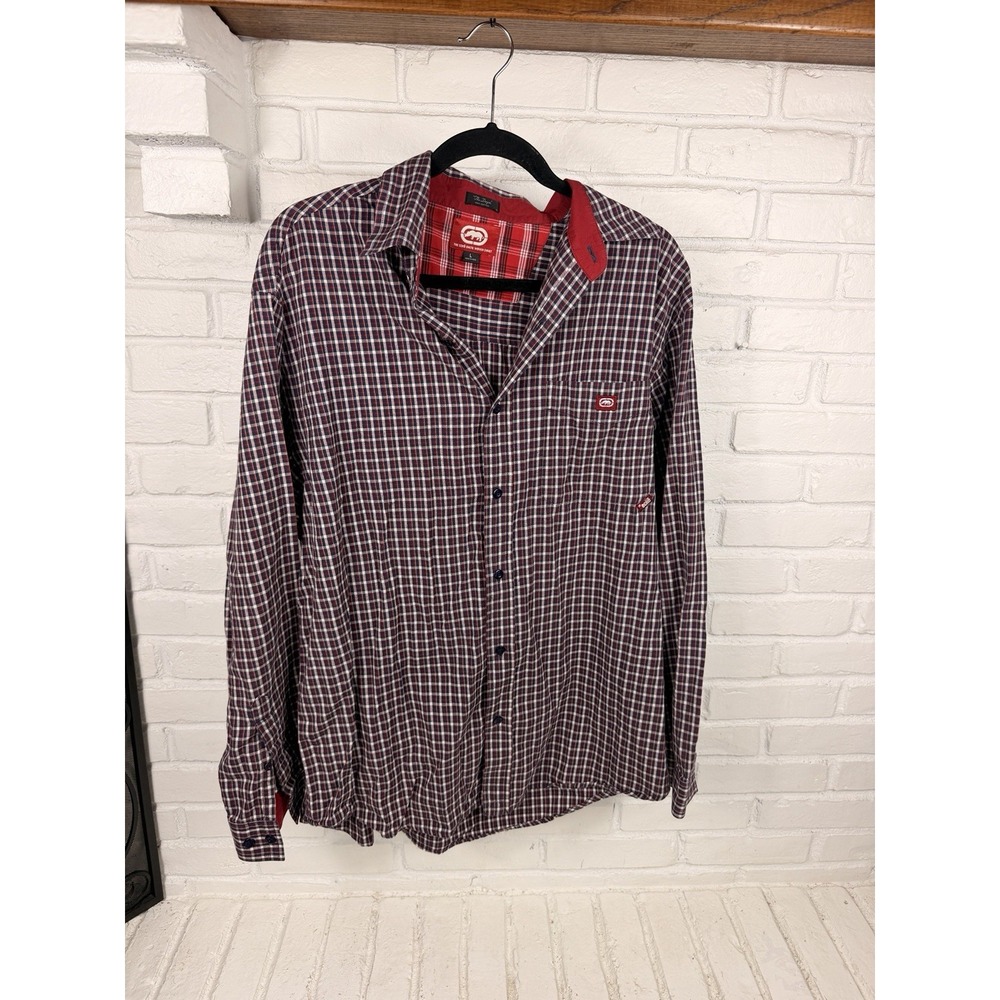 Vintage Y2K Ecko Unltd The Dupont Men's L Red Navy Plaid Button Up Shirt